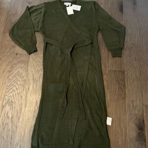 Olive Green Wrap sweater midi dress.